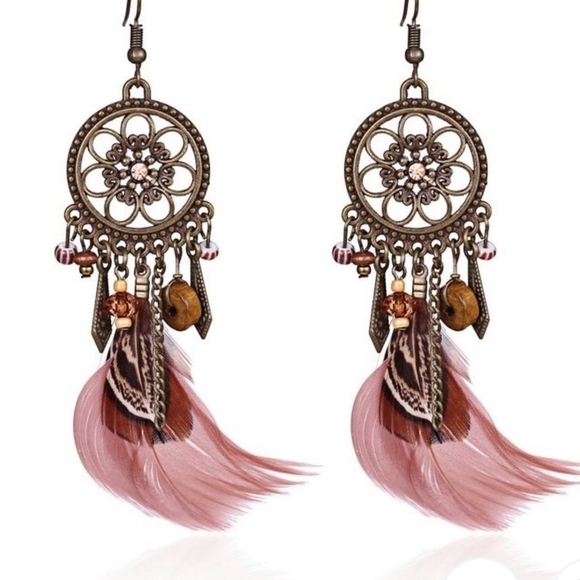 Unique Dreamcatcher Feather Boho Charm Earrings 4" Drop - Picture 4 of 9